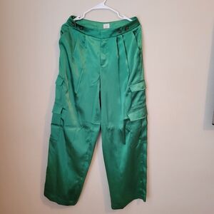 High Waist Green Satin Cargo Pants